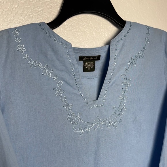Eddie Bauer Embroidered Linen Blend Casual Cottagecore Blouse Blue Coastal Sz M - Picture 2 of 7
